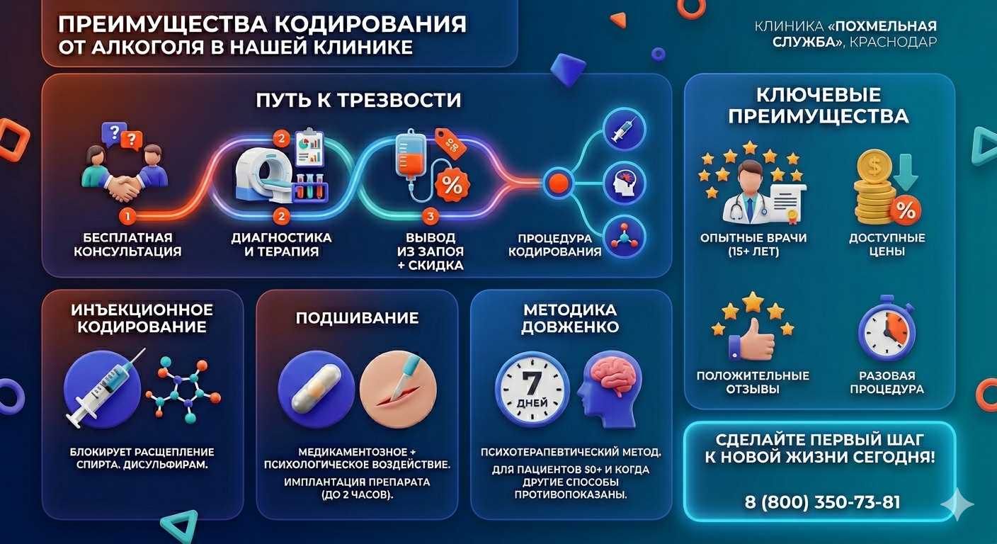 Инфографика о методах кодирования от алкоголя в Таловой: инъекции, подшивание, метод Довженко. Преимущества клиники и этапы лечения.